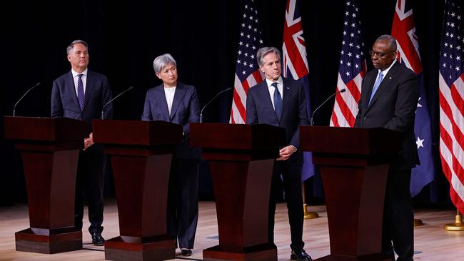 Defence Minister Richard Marles and Foreign Minister Penny Wong, with US Secretary of State Antony Blinken and Secretary of Defence Lloyd Austin. Picture: AFP