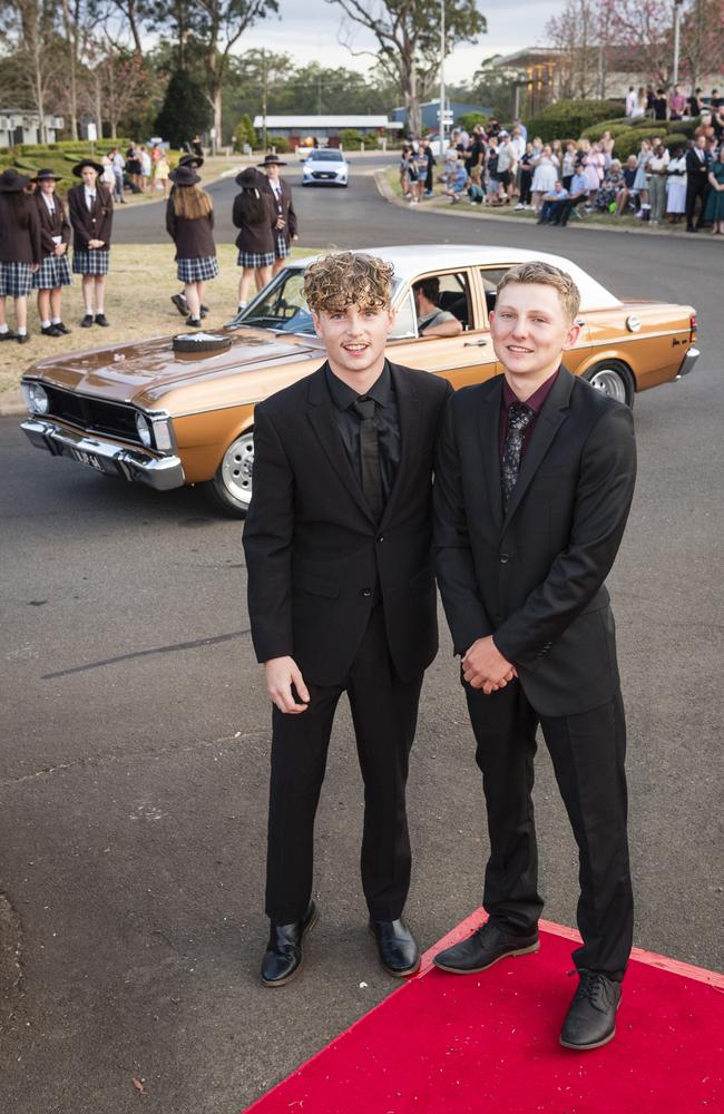 Sam Ashby (left) and Keaton Monagle at Harristown State High School formal at Highfields Cultural Centre, Friday, November 17, 2023. Picture: Kevin Farmer