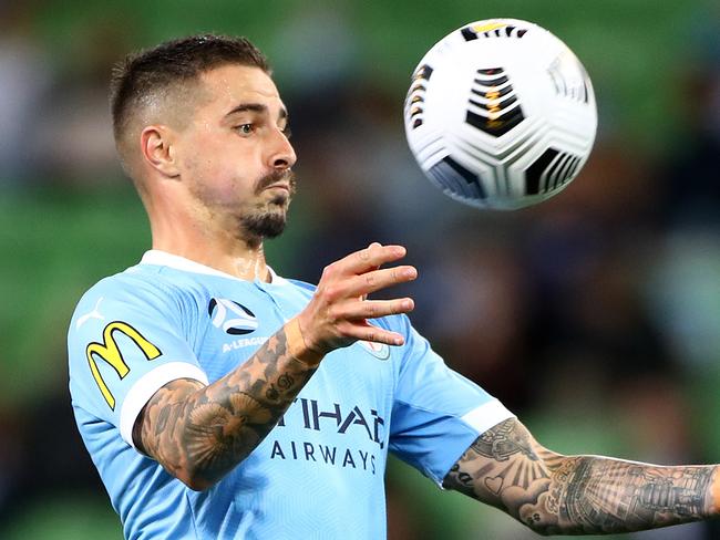 MELBOURNE, AUSTRALIA - FEBRUARY 23: Jamie Maclaren of Melbourne City controls the ball during the A-League match between Melbourne City and Sydney FC at AAMI Park, on February 23, 2021, in Melbourne, Australia. (Photo by Robert Cianflone/Getty Images)