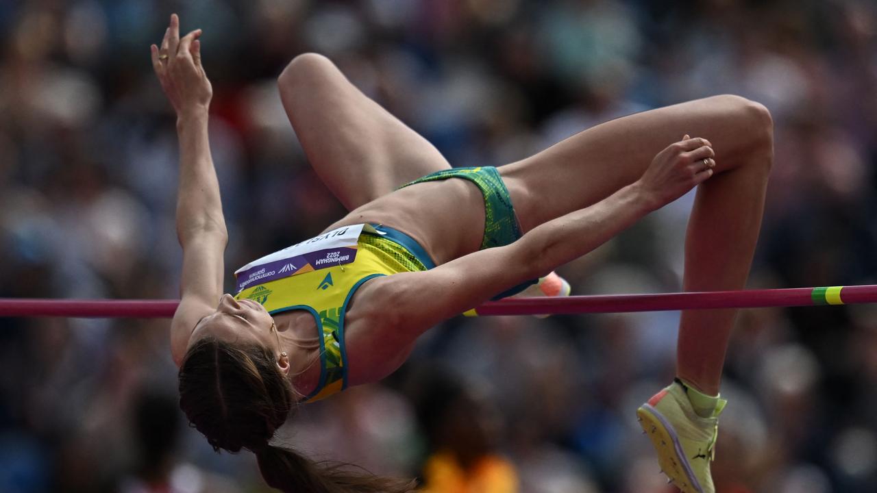 Australia's Nicola Olyslagers competes in the women's high jump qualifying rounds at Birmingham.