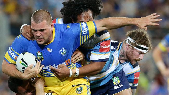 Danny Wicks on the charge for the Eels last year. Picture: Peter Wallis