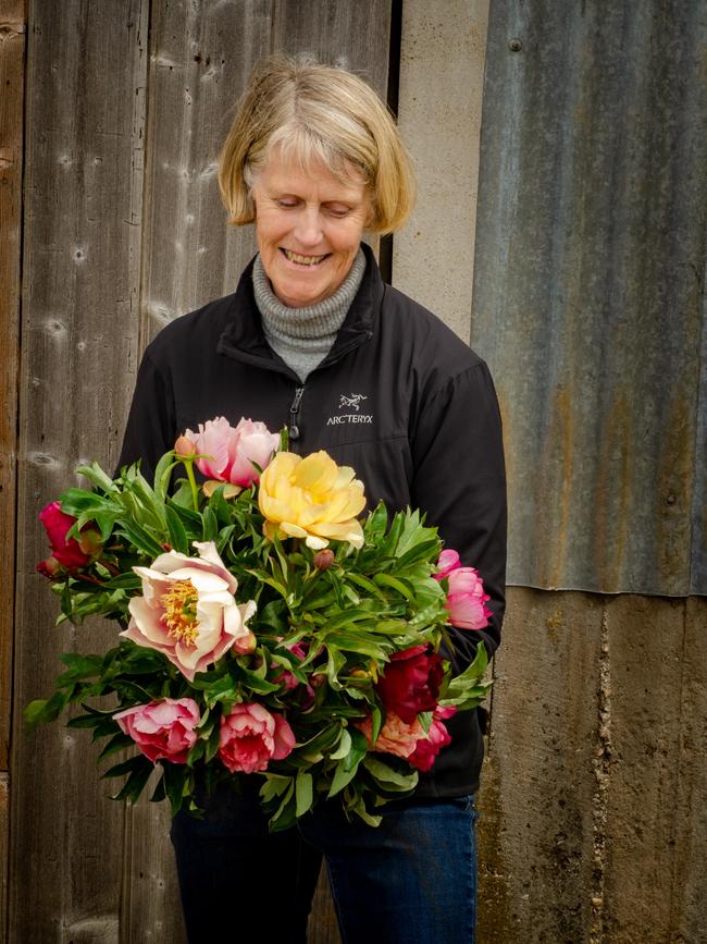 Full bloom: Van Diemen Quality Bulbs’s Bronwen Roberts-Thomson with some of the newest Itoh peonies.