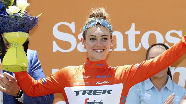 CYCLING - Womens Tour Down Under - Stage 1 - Hahndorf to Birdwood. Stage winner - Trek-Segafredo Letizia Paternoster - also leaders jersey winner on the podium. Picture SARAH REED