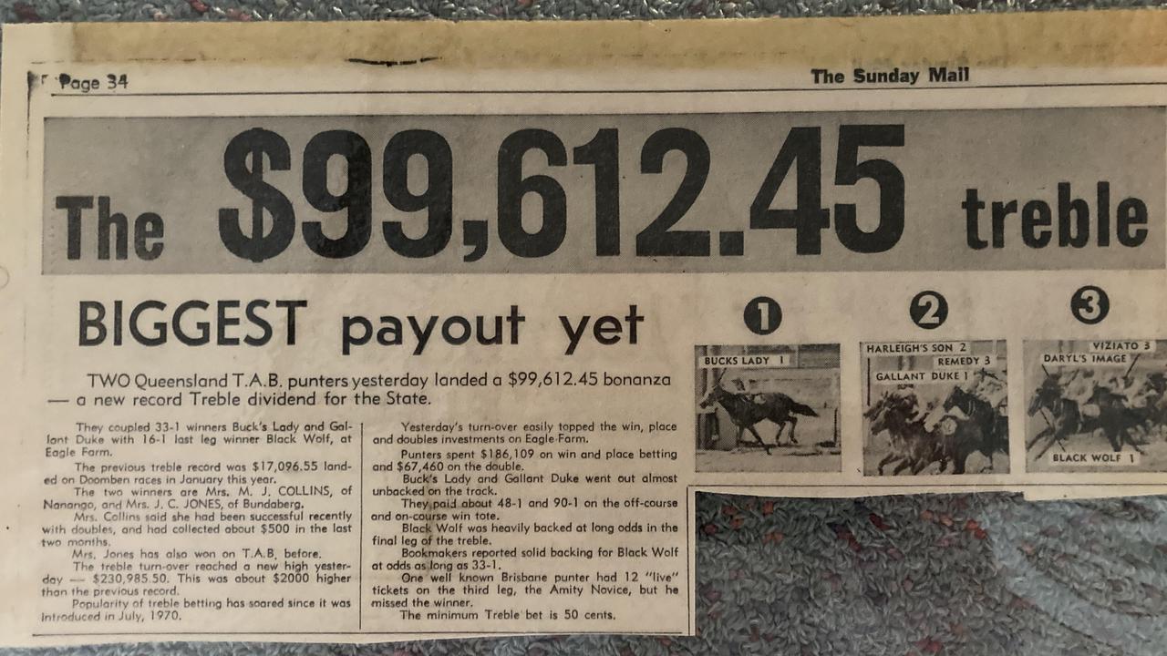 Clipping from Sunday Truth newsppaper when Wally Gibson rode the second leg in a record TAB treble in August 1971. Pic: Ben Dorries