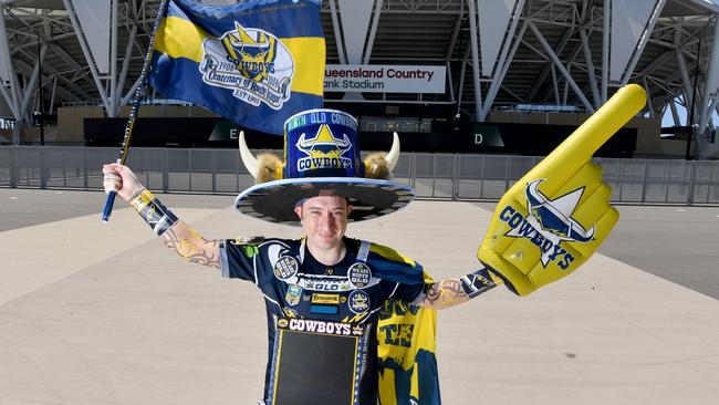 Diehard Cowboys fan Benn Cox outside Queensland Country Bank Stadium. Picture: Evan Morgan