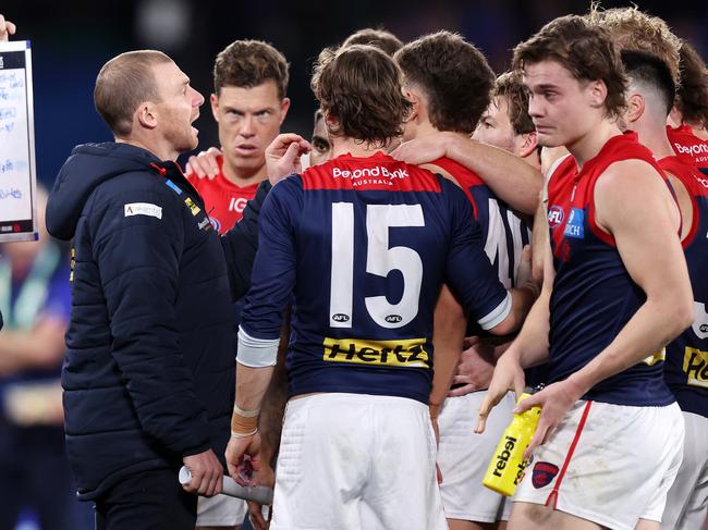 Simon Goodwin addresses Melbourne’s players. Picture: Mark Stewart