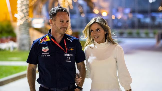 Red Bull Racing Team Principal Christian Horner and his wife Geri walk in the Paddock after practice for the F1 Grand Prix of Bahrain. (Photo by Mark Thompson/Getty Images)