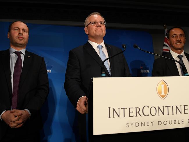 Josh Frydenberg, Scott Morrison and Dave Sharma after the disastrous result in Wentworth on Saturday night. Picture: AAP