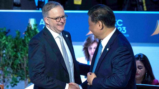 Anthony Albanese greets Chinese President Xi Jinping at APEC in San Francisco last week. Picture: AFP