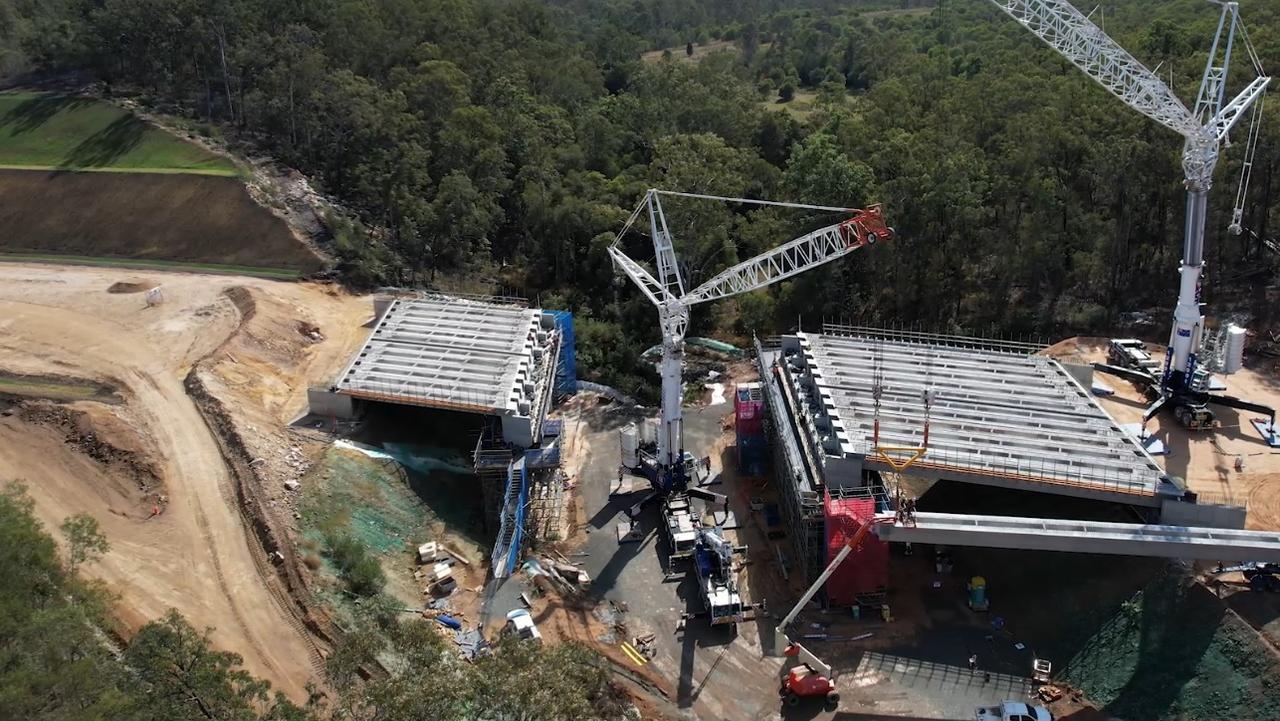 The delivery and installation of the last 21 of 730 bridge girders and deck units on the 26km Gympie Bypass have been installed, bringing bridge construction on the $1billion project near completion.