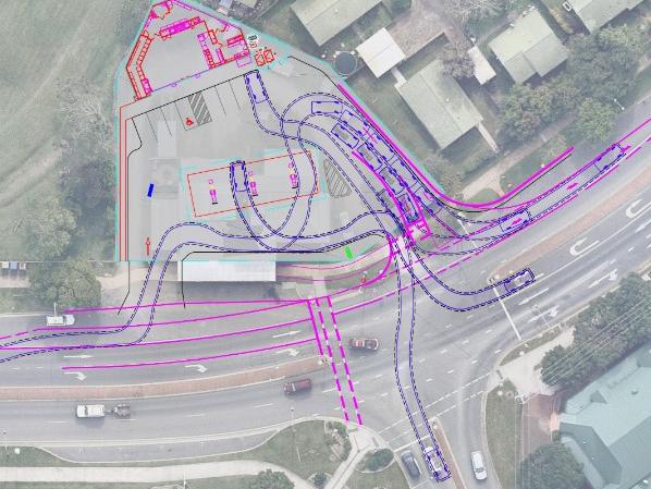 A diagram in the traffic report for the 7-Eleven service station under construction on the Southside and revealing the way traffic will flow into and out of the site, bypassing the western-most set of traffic lights for traffic heading in to Gympie.