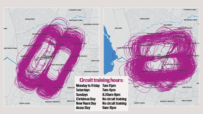 Flight paths of training aircraft over Parafield Airport.