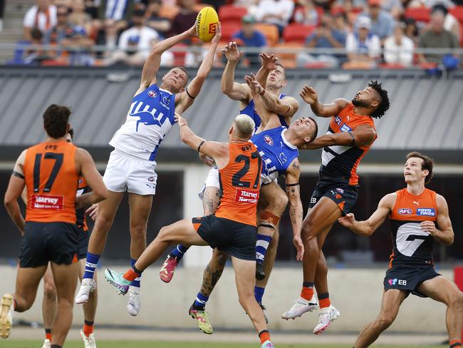 Debutant Zane Duursma takes big mark for North Melbourne. Picture: Phil Hillyard