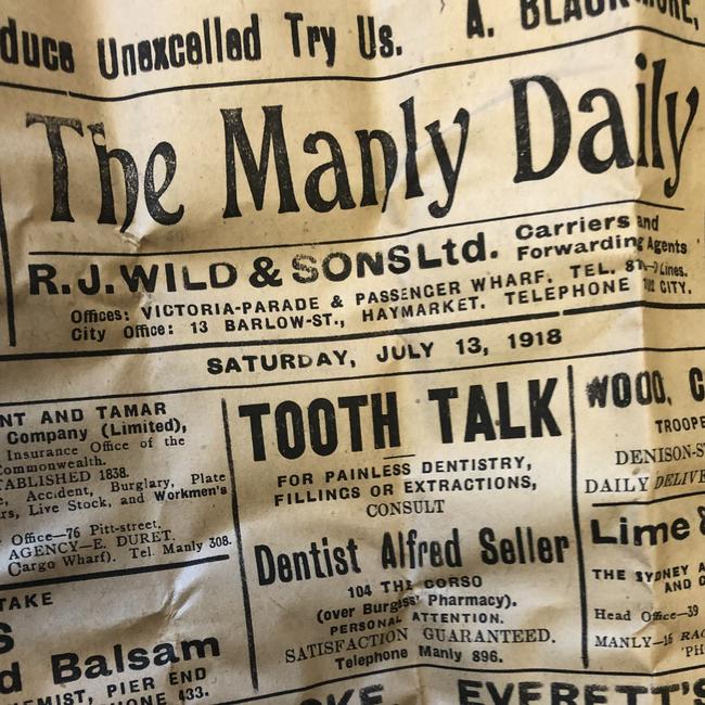 The front page of the Manly Daily, dated July 13, 1918, found in a time capsule discovered behind the Harbord Literary Institute's foundation stone. Picture: Jim O'Rourke