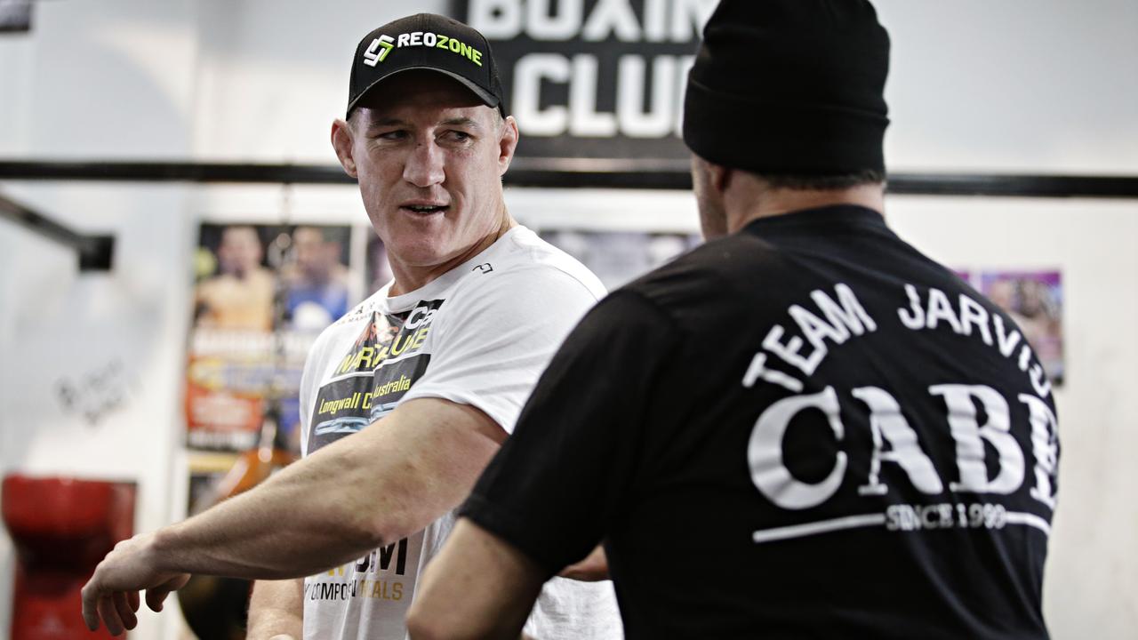 Paul Gallen and Jeff Fenech talking with each other at Bondi Boxing club. Picture: NCA NewsWire/Adam Yip