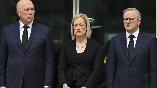 Opposition Leader Peter Dutton, Senator Katy Gallagher and Prime Minister Anthony Albanese on the Queen's Terrace at Parliament House, Canberra. Picture: NCA NewsWire/Martin Ollman