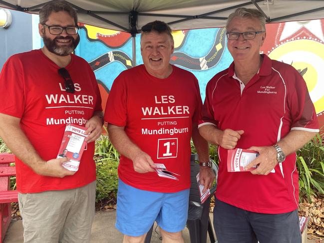 Labor volunteers Jim Wilson and Paul Zohn with member for Mundingburra Les Walker at the PCYC Aitkenvale early voting centre.