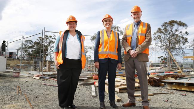 Emma Campbell head of division Australian Antarctic Division, Minister Tanya Plibersek, Rob King krill research systems manager Australian Antarctic Division. Federal Environment Minister Tanya Plibersek at the Taroona IMAS facility where construction to expand the site is underway. Picture: Nikki Davis-Jones