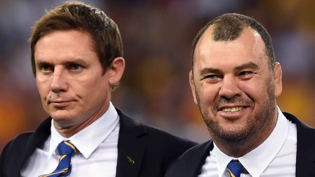 Michael Cheika (R) with assistant coach Stephen Larkham. Picture: AFP