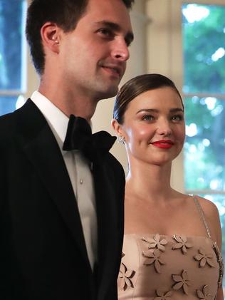 Snapchat CEO Evan Spiegel and his model girlfriend Miranda Kerr arrive at a Nordic State Dinner May 13, 2016 at the White House.  Picture:  Getty