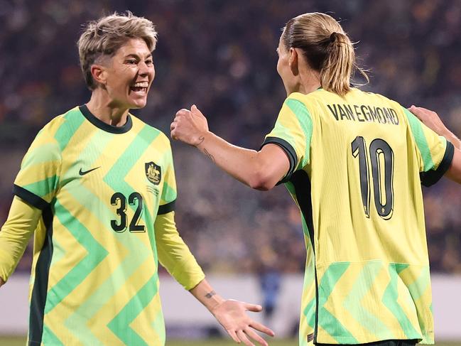 Michelle Heyman and Emily van Egmond celebrate a goal. Picture: Getty Images