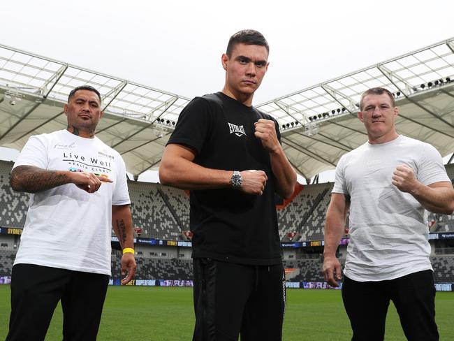 Mark Hunt former UFC star, Tim Tszyu and Paul Gallen pose for a portrait ahead of their Super Fight. Picture: Brett Costello