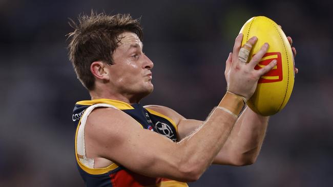 GEELONG, AUSTRALIA - AUGUST 03:  Matt Crouch of the Adelaide Crows marks the ball during the round 21 AFL match between Geelong Cats and Adelaide Crows at GMHBA Stadium, on August 03, 2024, in Geelong, Australia. (Photo by Darrian Traynor/Getty Images)