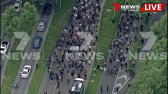 Police were significantly outnumbered by the protesters. Picture: 7 News