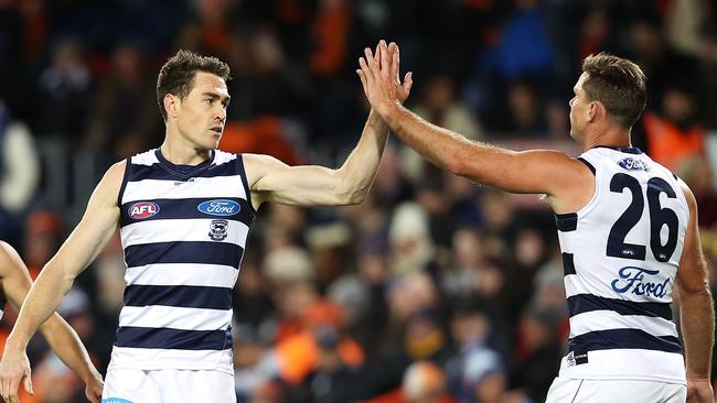 Jeremy Cameron and Tom Hawkins are box office up forward for the Cats Picture: Getty Images