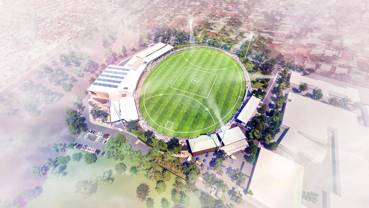 An aerial artist impression of the proposed new Adelaide Crows headquarters at Thebarton. Picture: City Collective