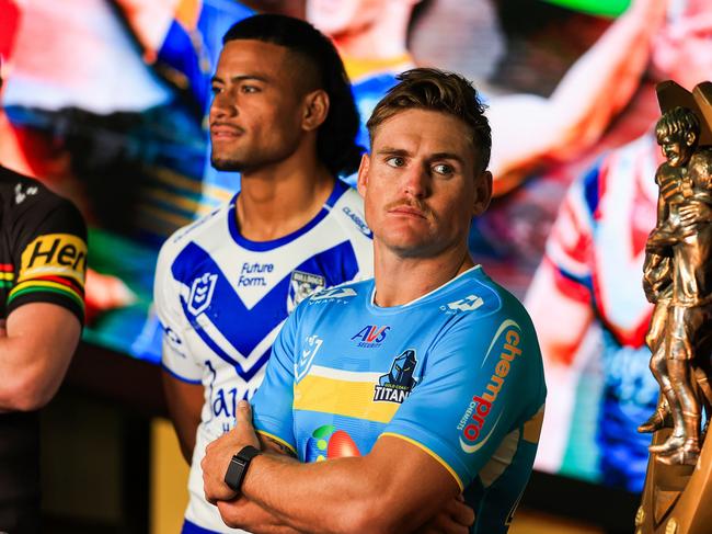 SYDNEY, AUSTRALIA - MARCH 01: AJ Brimson of the Gold Coast Titans looks on during the NRL Telstra Premiership 2024 Season Launch at Telstra HQ on March 01, 2024 in Sydney, Australia. (Photo by Mark Evans/Getty Images)