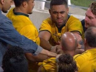 Lukhan Tui confronts the angry fan after the Wallabies loss.