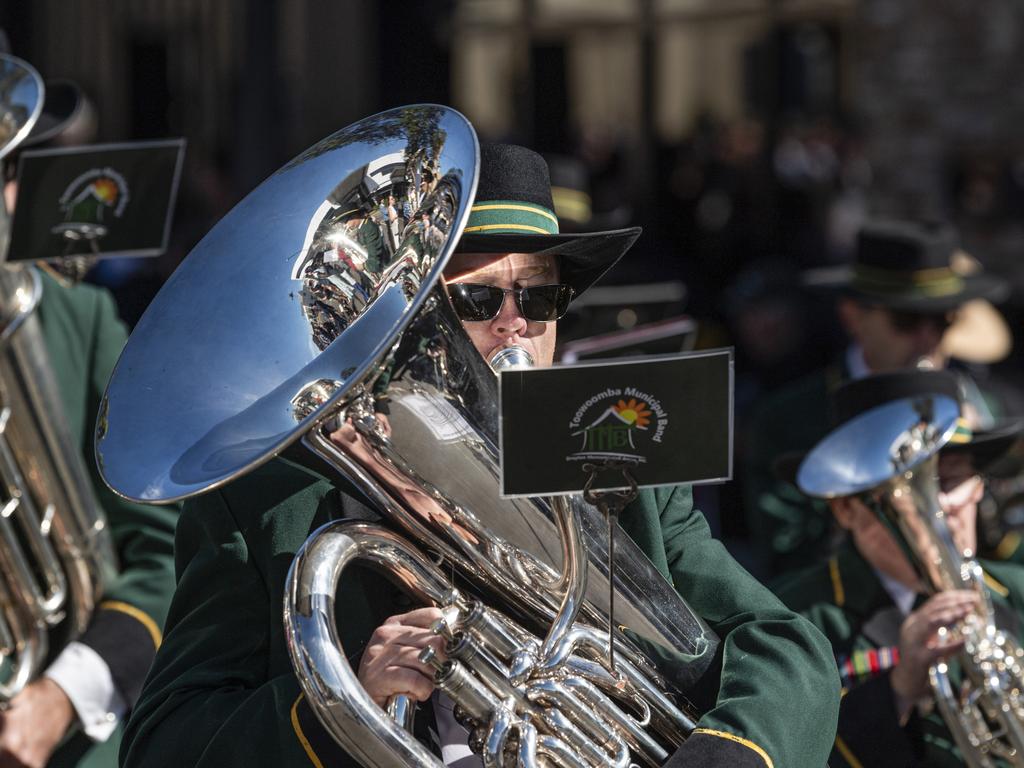 Toowoomba Municipal Band in Toowoomba's Anzac Day mid-morning march to the Mothers' Memorial, Thursday, April 25, 2024. Picture: Kevin Farmer