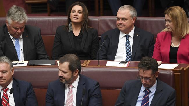 Senator Jacqui Lambie (back, second from left) sits with Centre Alliance Senators Rex Patrick (left), Stirling Griff and Centre Alliance MP Rebekah Sharkie during the official opening of the 46th Federal Parliament. Picture: AAP