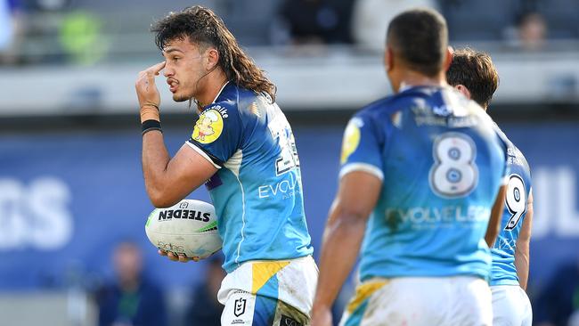 Gold Coast's Tino Fa'asuamaleaui complains to the referee. Picture: NRL