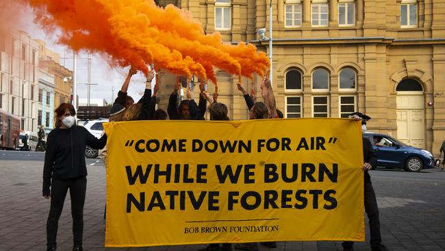 Burn Off Action by Bob Brown Foundation in Hobart. Picture: Bob Brown Foundation