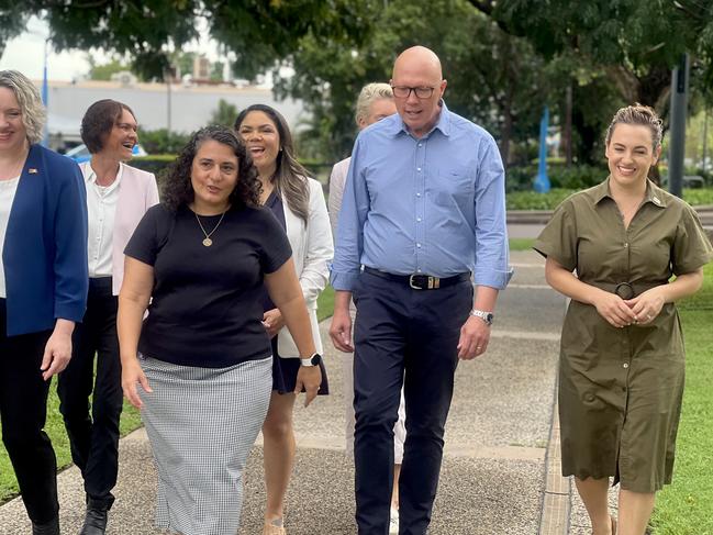 Darwin, NT, 16/2/25: Opposition Leader Peter Dutton meets with Palmerston Mayor Athina Pascoe-Bell. The coalition has committed $368,000 from a revitalised Safer Communities Fund to fast-track public lighting upgrades in Palmerston, saying every Australian deserved to feel safe. Picture: Fia Walsh.