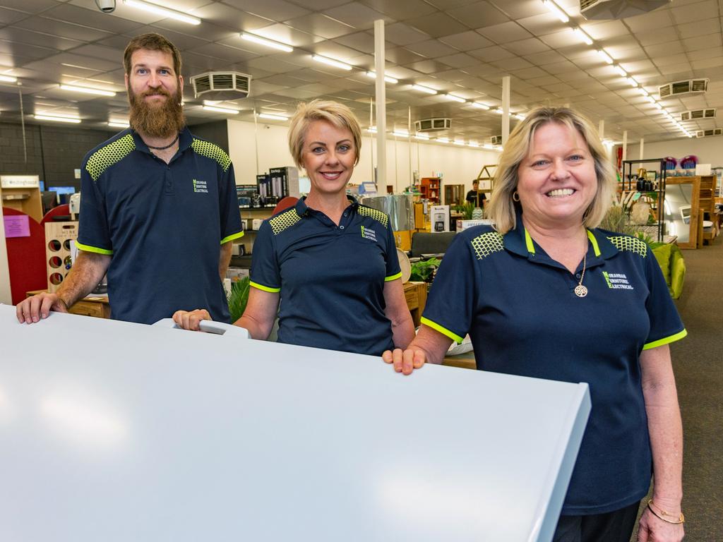 Bi-Rite Home Appliances staff Ben Cain, Leanne Halpin and Tanya Thomson with display stock. Photo: Daryl Wright