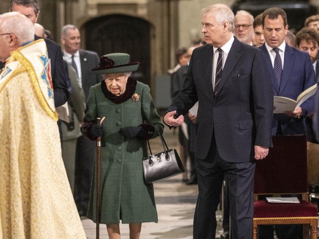 The Queen arrives in Westminster Abbey with Prince Andrew for the Service of Thanksgiving for the Duke of Edinburgh on March 29. Picture: Richard Pohle/WPA/Getty