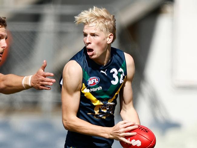 MELBOURNE, AUSTRALIA - APRIL 13: Tobie Travaglia of the AFL Academy in action during the 2024 AFL Academy match between the Marsh AFL National Academy Boys and Coburg Lions at Ikon Park on April 13, 2024 in Melbourne, Australia. (Photo by Michael Willson/AFL Photos via Getty Images)