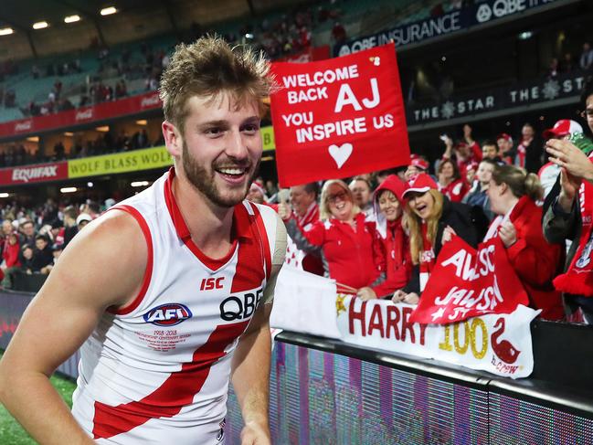 Sydney's Alex Johnson celebrates the Swans 2 point win over Collingwood in their AFL match at the SCG. It is Alex Johnson's first game since the 2012 Grand Final after having five knee reconstructions. Picture. Phil Hillyard