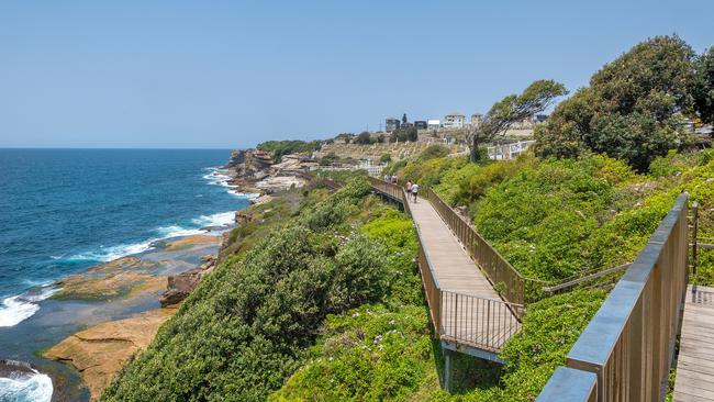 Sydney, Australia – December 28th, 2019: People walking to Waverley Cemetery along the Bondi to Coogee coastal walk. A cliff top coastal walk featuring stunning views, beaches, cliffs, and rock pools.