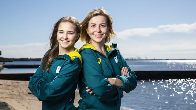 Rhythmic gymnast Lidiia Iakovleva at Wynnum waterfront with coach and mother, Iuliia Iakovleva - Picture: Richard Walker