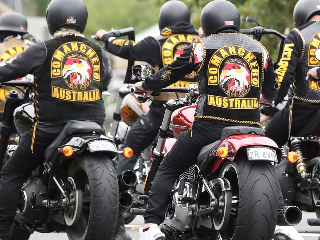 MELBOURNE, AUSTRALIA - NewsWire Photos, JANUARY 29, 2022.  Comanchero watched by police leave for their OMCG run between Hallam and Truganina. Saturday, January 29, 2021. Picture: NCA NewsWire / David Crosling