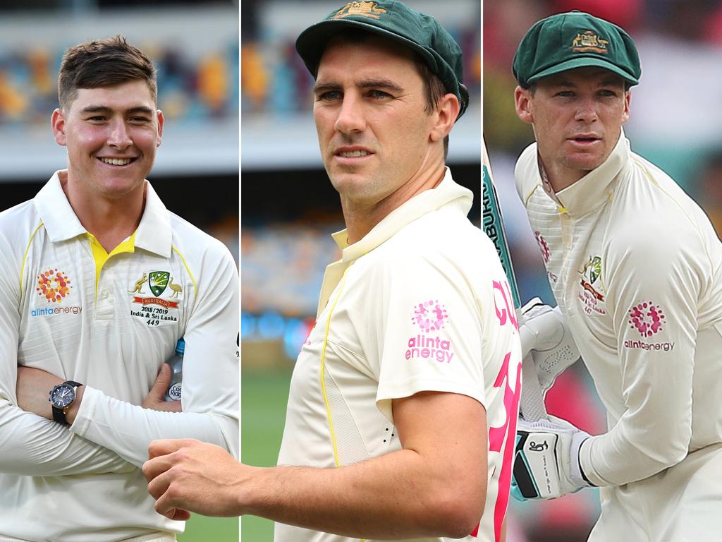 (L-R) Matt Renshaw, Pat Cummins and Peter Handscomb.