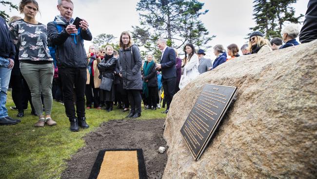 The plaque marking the University of Tasmania’s formal apology to Tasmania’s Aboriginal people. Picture: RICHARD JUPE