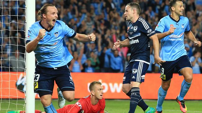 Rhyan Grant celebrates his goal during the A-League grand final.