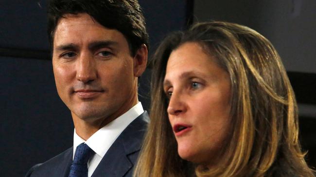 Canadian Prime Minister Justin Trudeau and former deputy Chrystia Freeland don’t see eye-to-eye over Donald Trump’s tariff threats. Picture: AFP