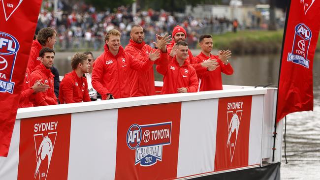 The Swans on the Yarra River during the 2022 Grand Final parade. Picture: Phil Hillyard