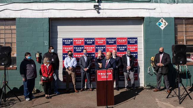 Rudy Giuliani speaks to the media at a press conference held in the back parking lot of a landscaping company on November 7, 2020 in Philadelphia, Pennsylvania. Picture: AFP